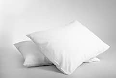 Dos Almohadas blancas Marca Dhestia una sobre la otra, sobre fondo blanco